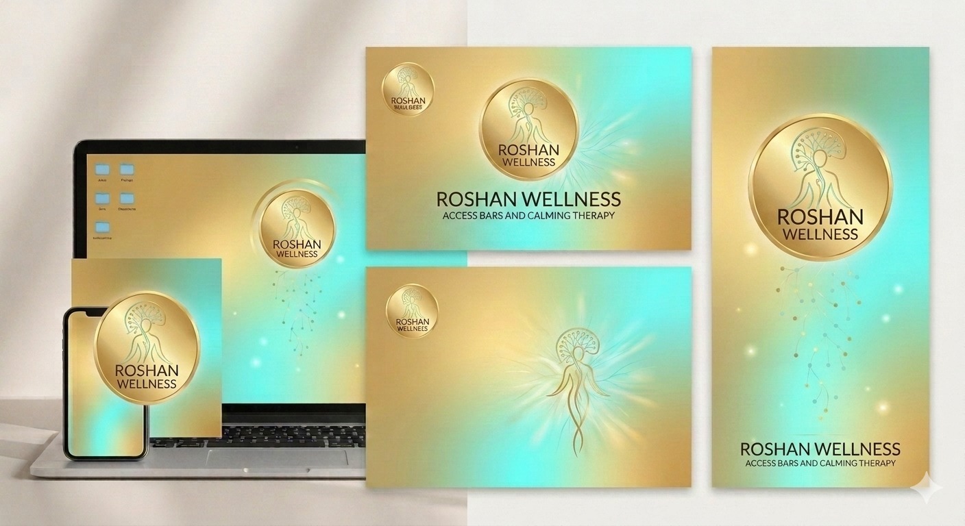 Roshan Wellness gold and aqua brand artwork